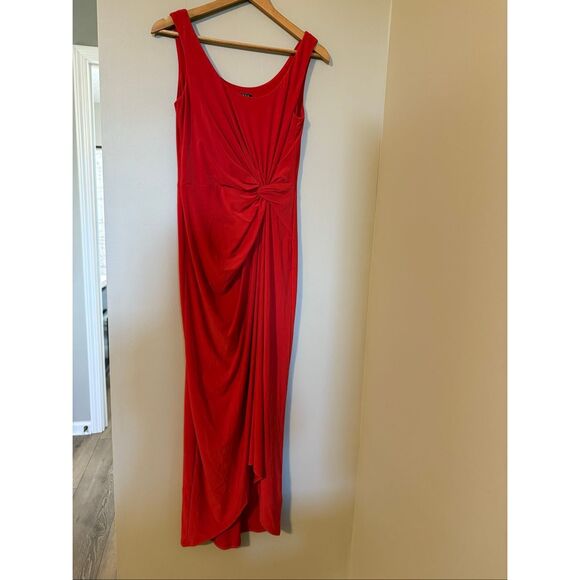 Ralph Lauren Size 6 Twist Front Maxi Dress Solid Red Gathered Draped Semi Formal - Picture 2 of 11